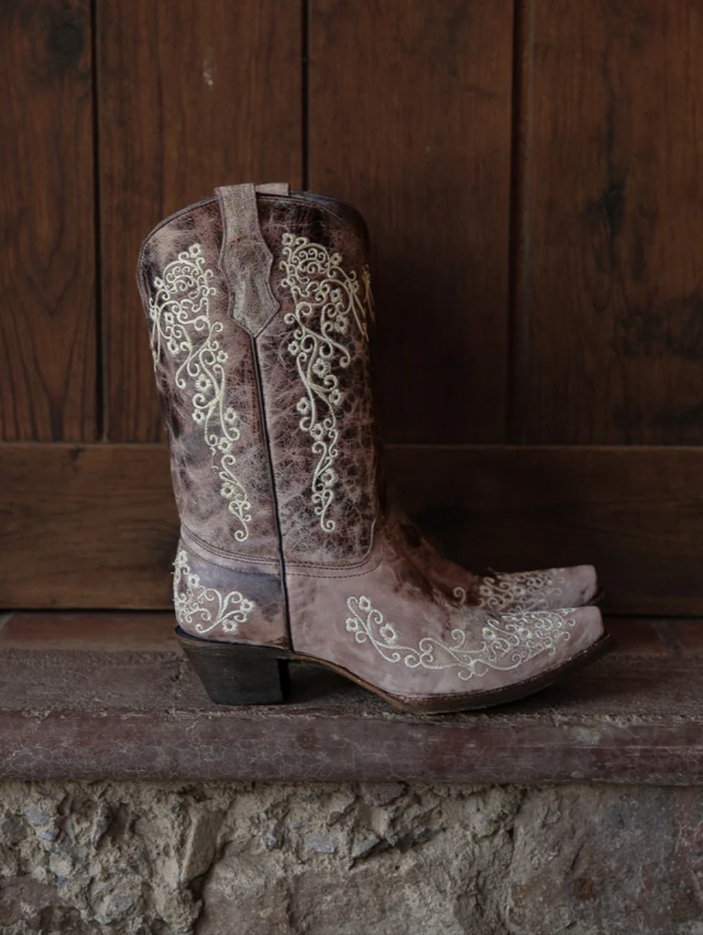 A2773 - Girl's Bone Color Floral Embroidery Snip Toe Cowboy Boot
